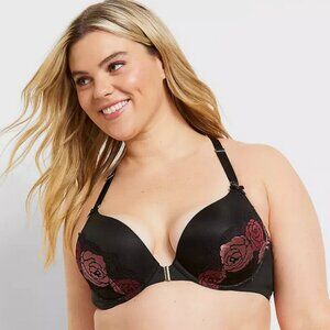 NEW Cacique Boost Plunge Ft Close Underwire Strappy Bra Floral, Sz 40F